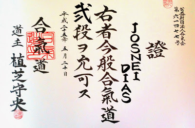 Certificado de Nidan (2º Dan) da Aikikai Foundation no Japão - Josnei Dias